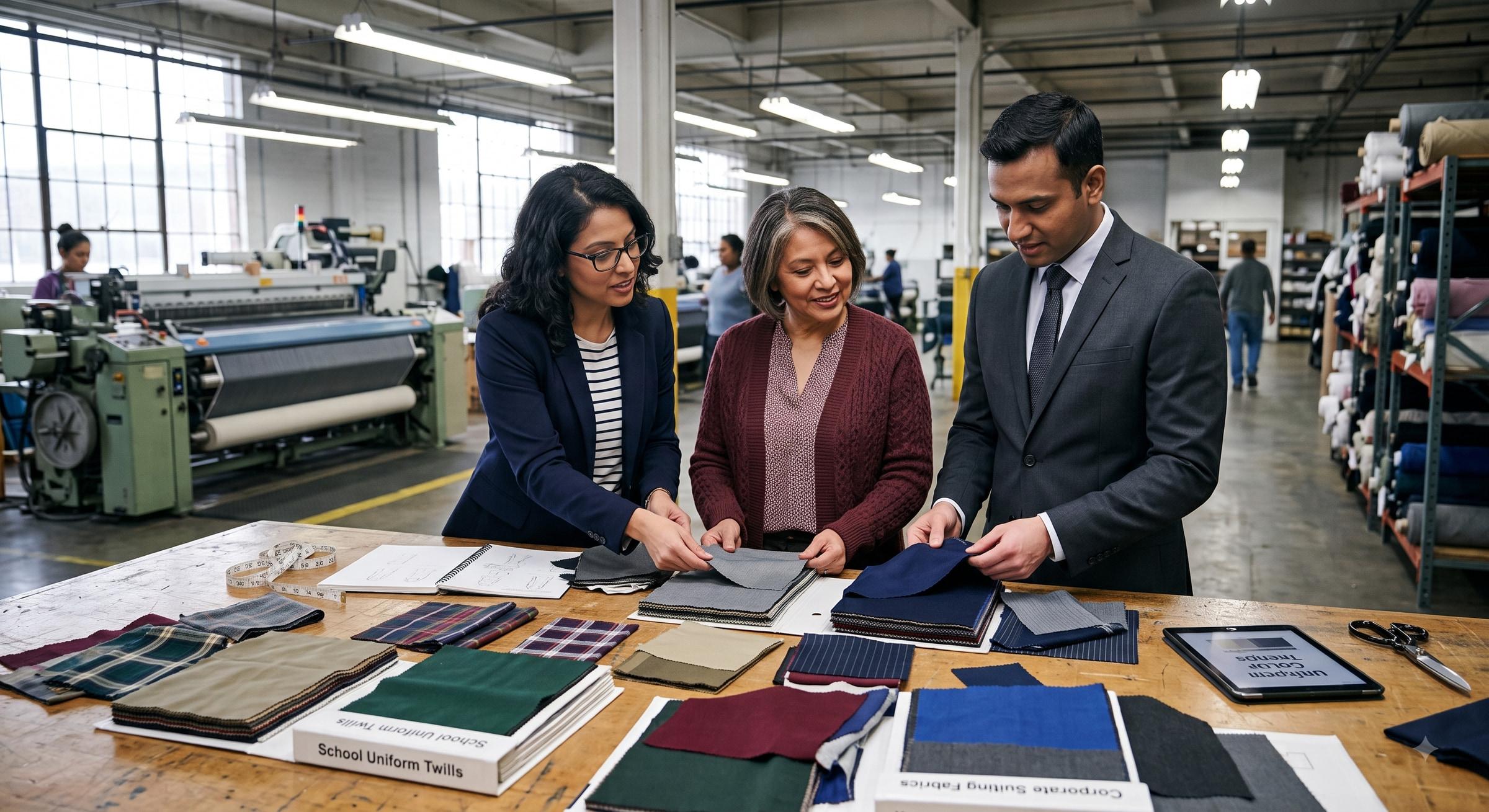 Choosing cloth on the mill floor — swatches on the table