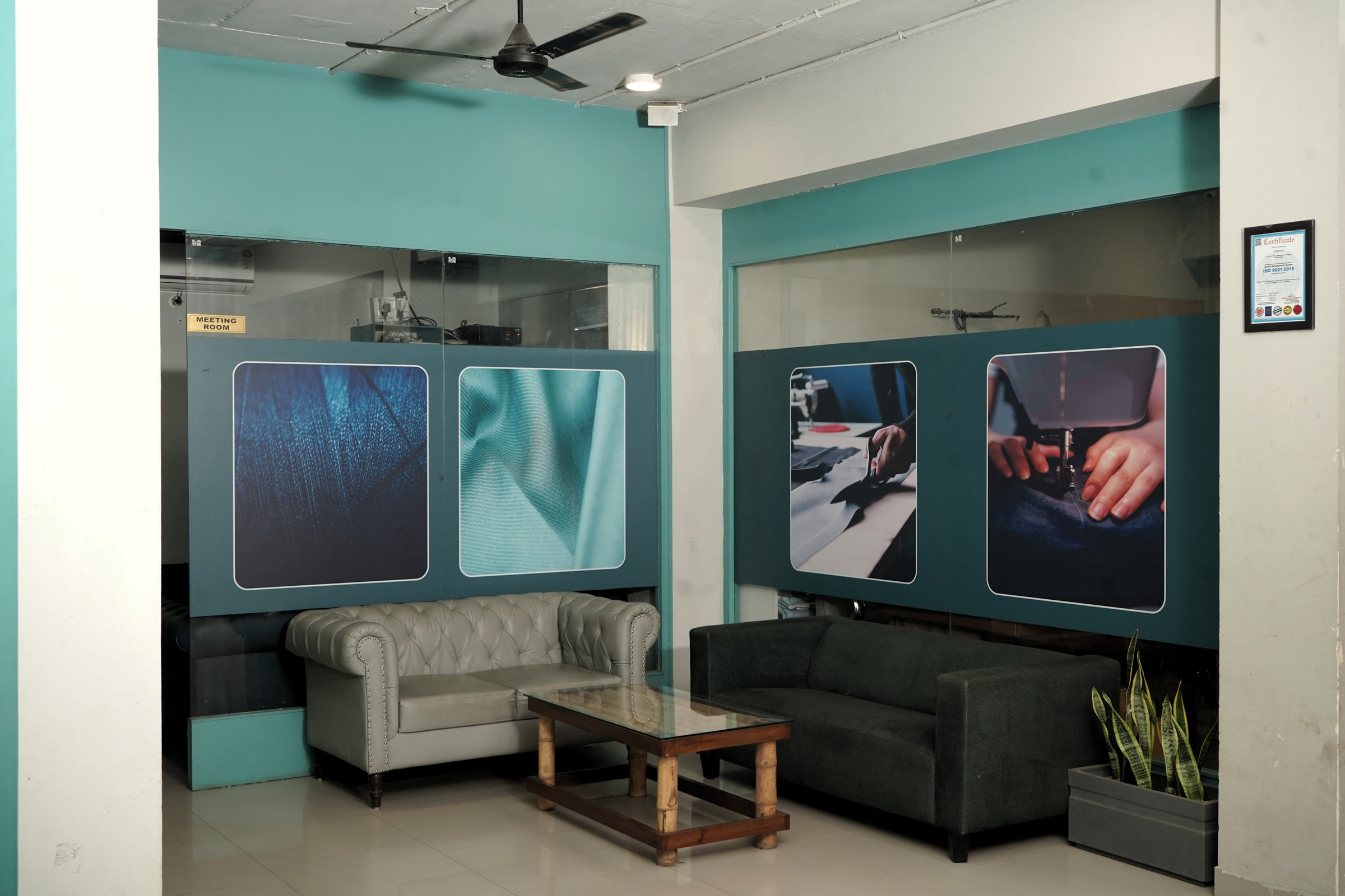 The waiting room at the head office, cloth on the walls