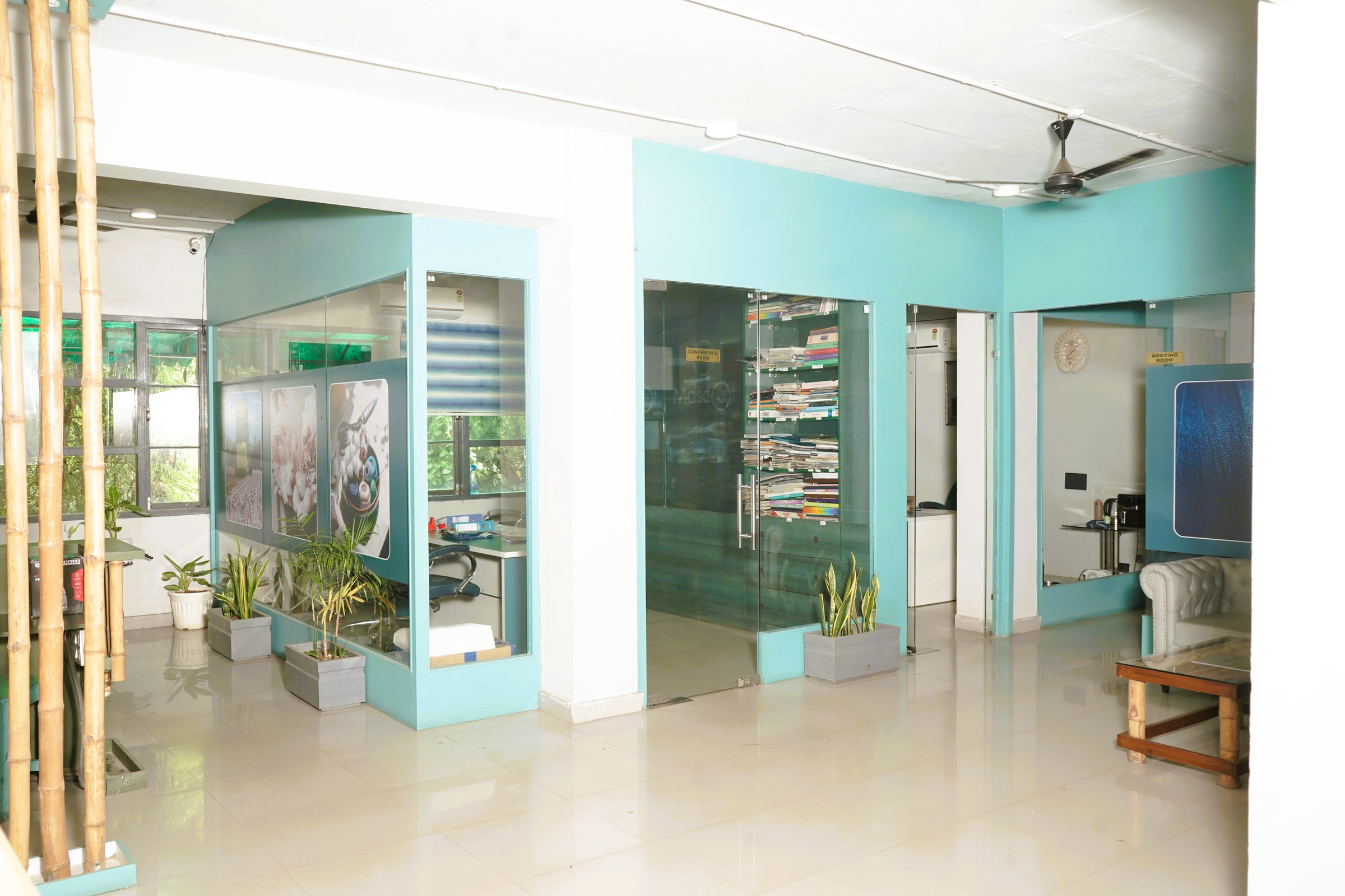 The head office showroom, cloth cabinets behind the bamboo screen