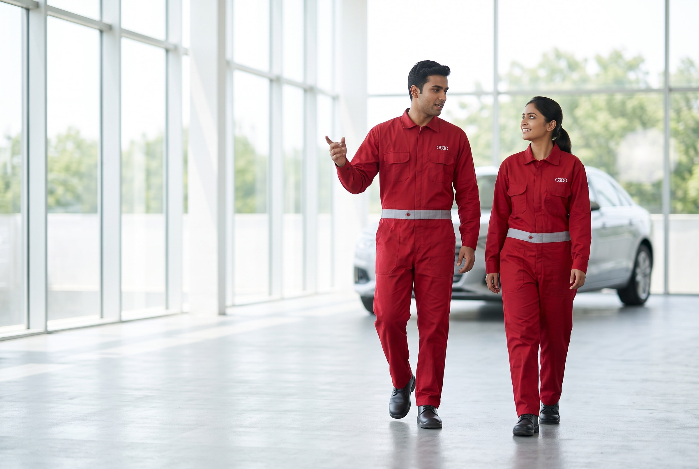 The coverall on the workshop floor, where the reflective banding earns its place.