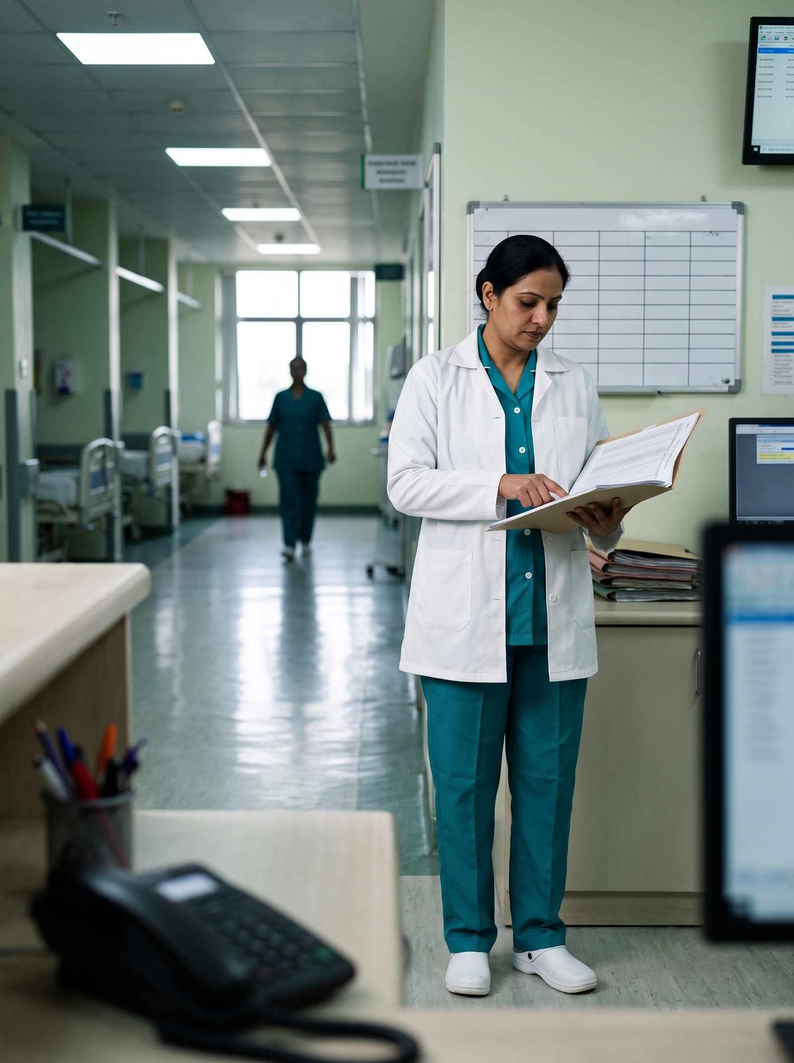 White cotton coat over the teal set, at the ward station on handover.