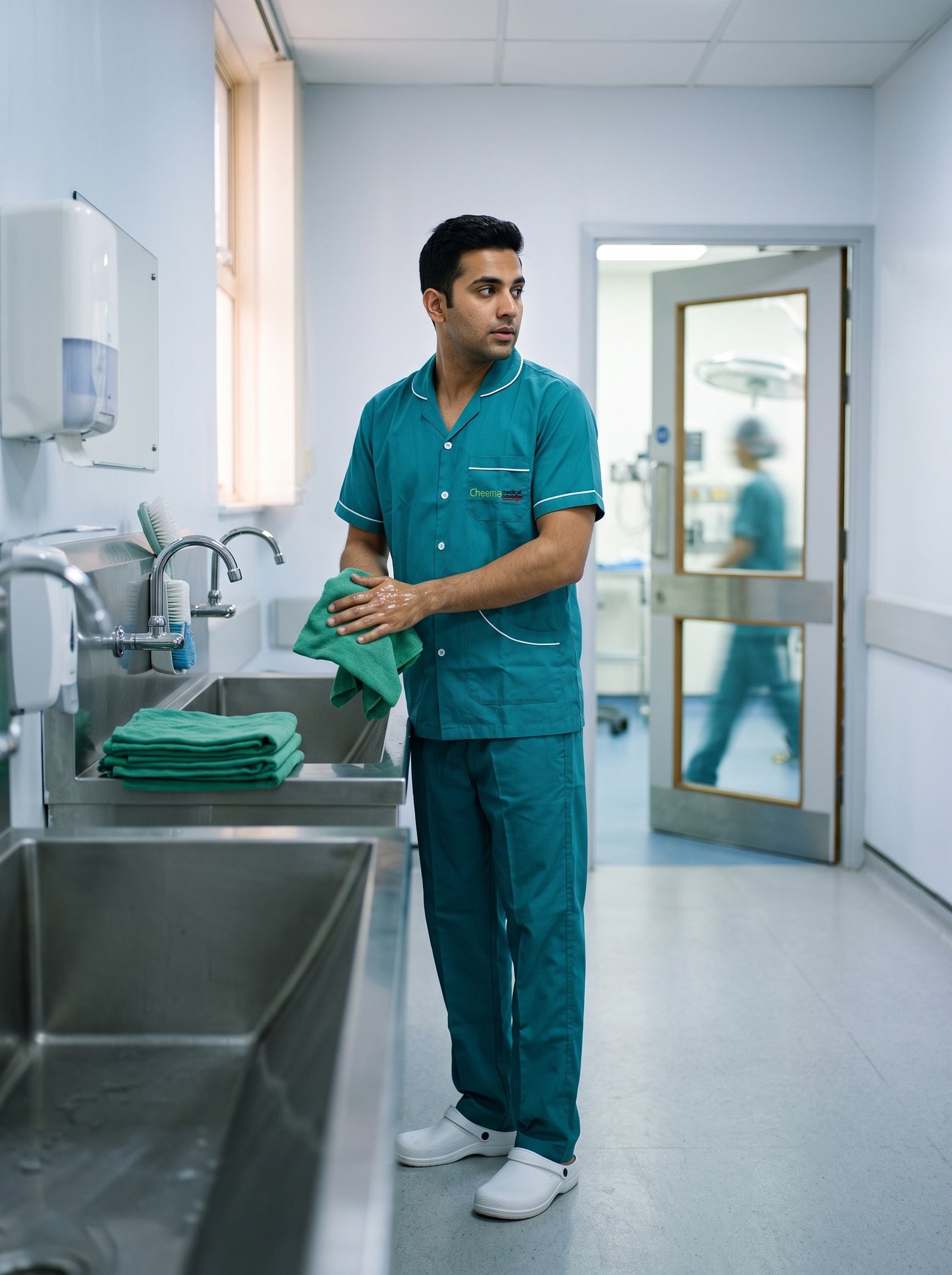 The same piped teal tunic cut through the shoulder and chest, at the scrub sinks.