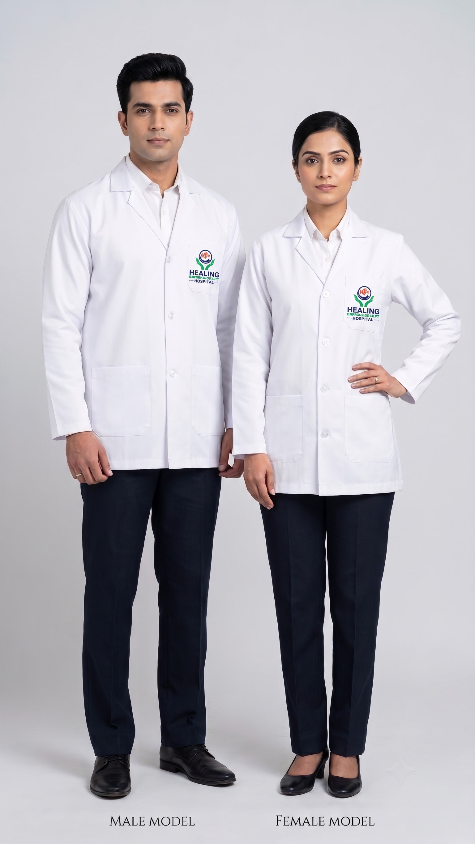 White cotton coats over navy trousers, logo embroidered at the chest. Cut to the female block and the male block separately.