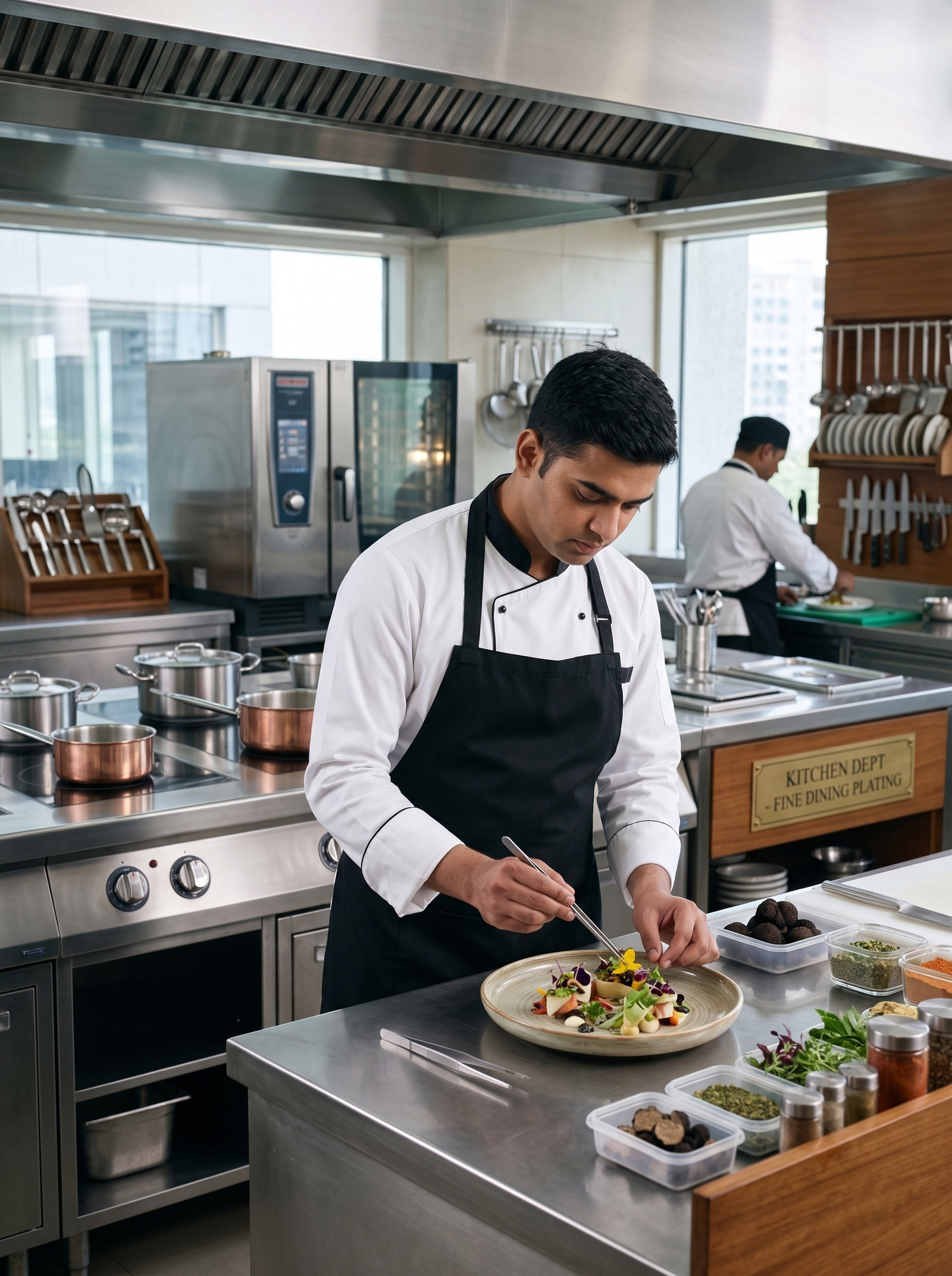 Finishing a plate at the range, black apron over the same white cloth.