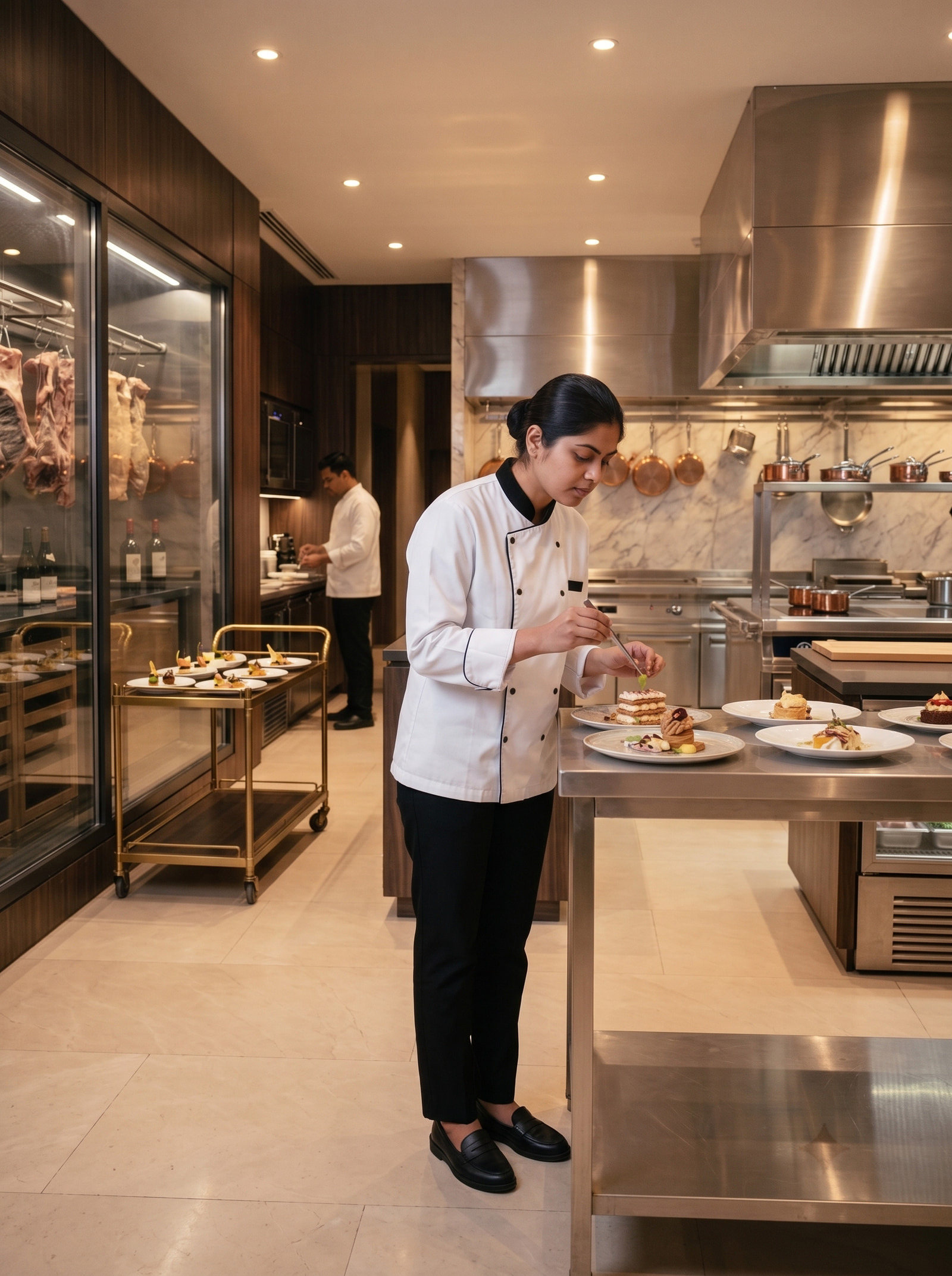 Plating at the counter in the double-breasted chef coat, black piping running the closure and the mandarin collar.
