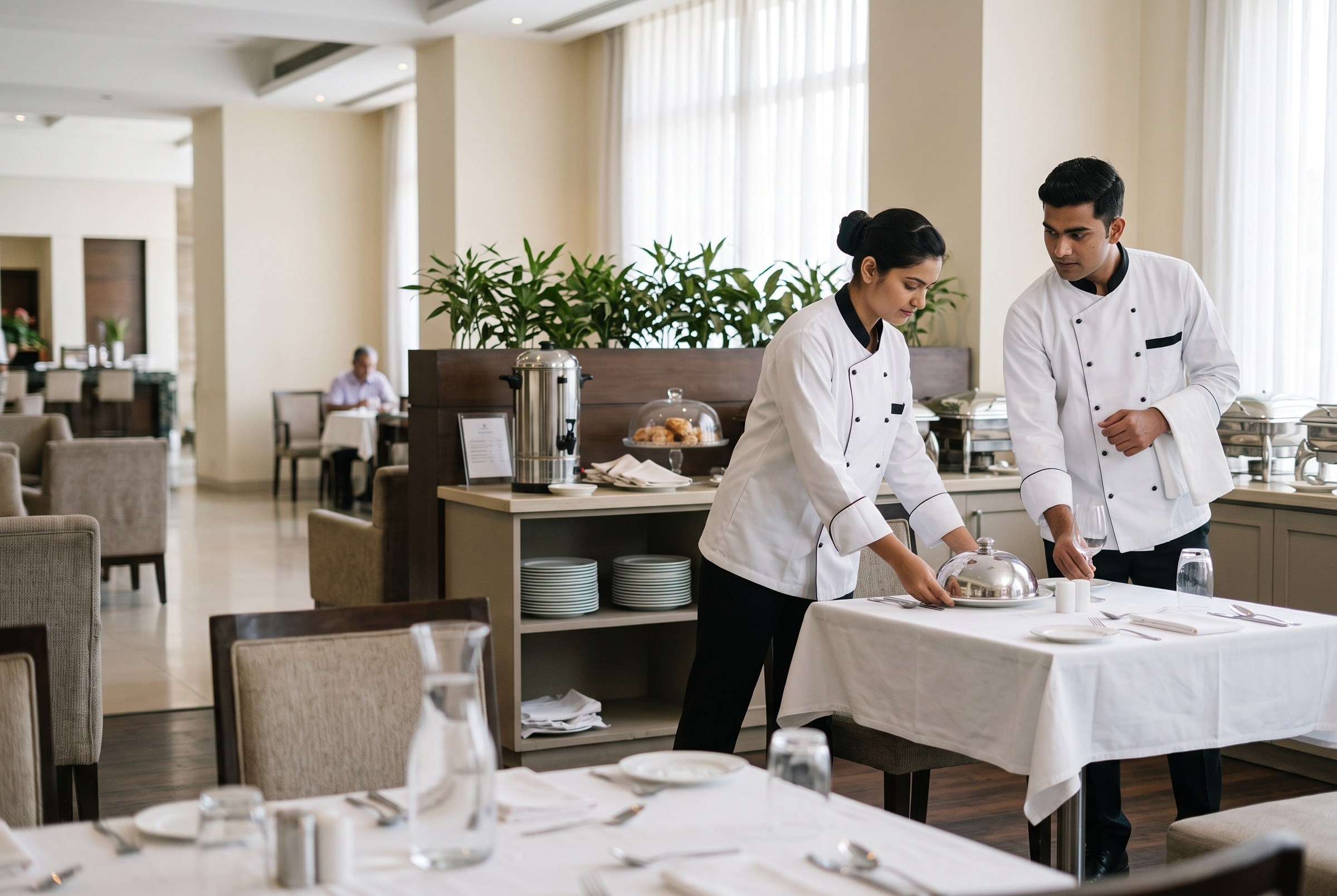 Laying the covers before service. White cloth that has to still read white under a dinner light at eleven at night.