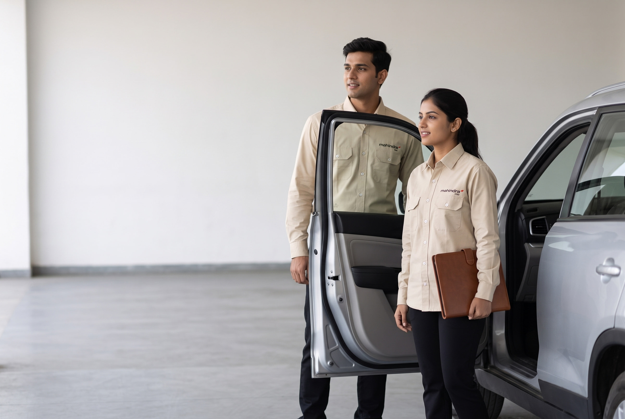 Handover at the vehicle, in the khaki set.