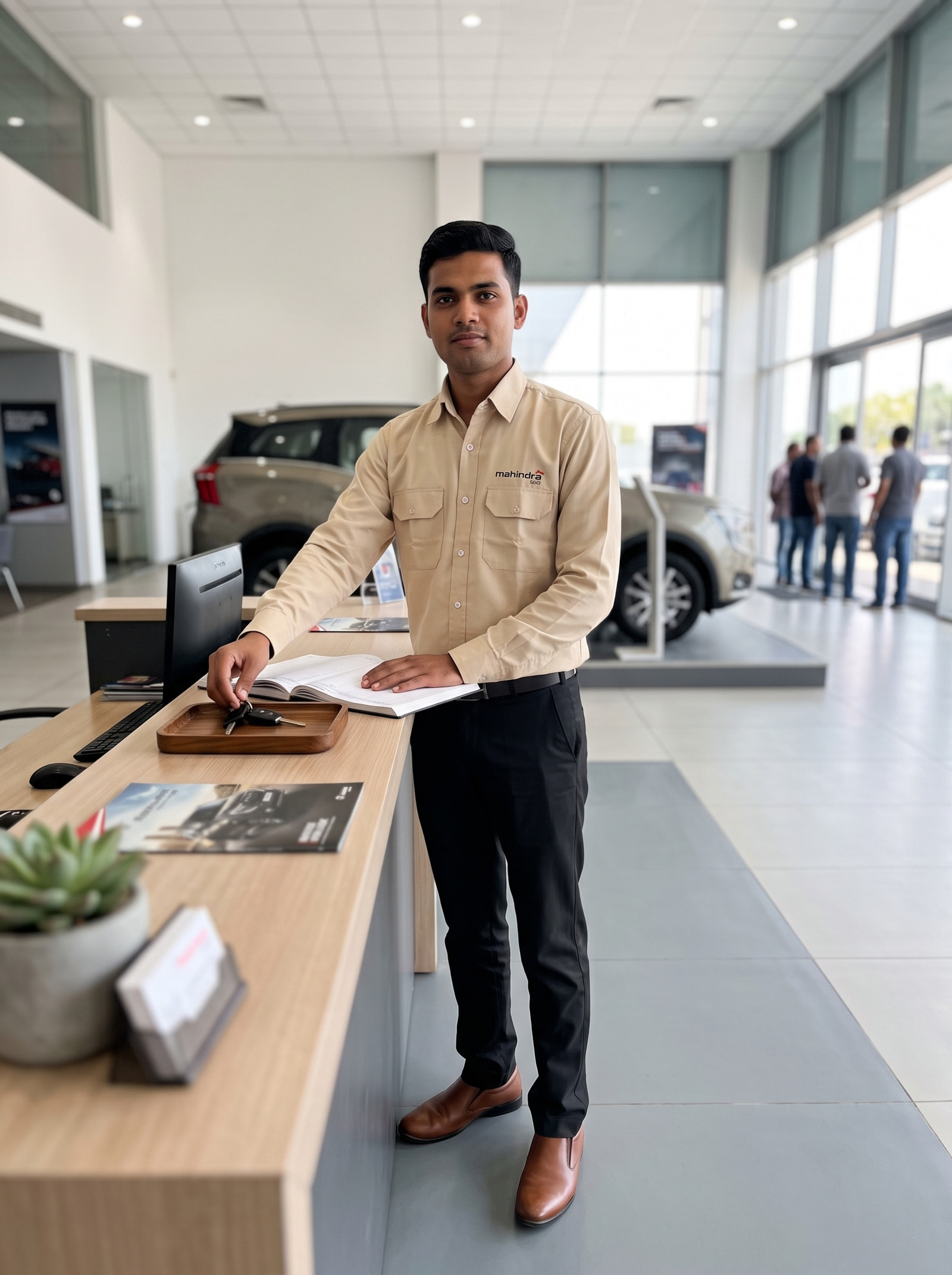 Keys down at the showroom reception. Long sleeve, both chest pockets buttoned, over black trousers.