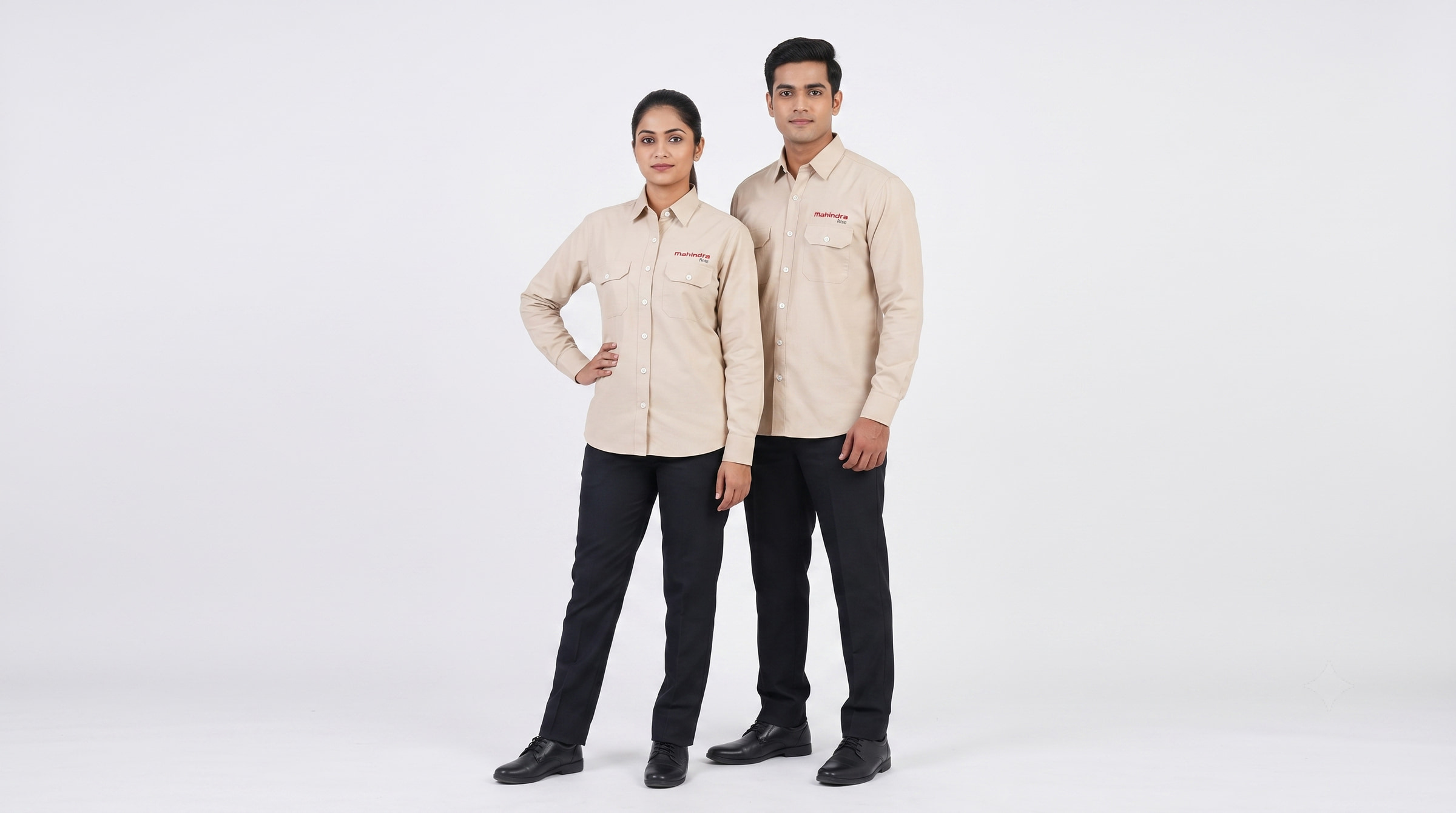 Khaki cotton-and-polyester shirting over black trousers, heavy enough to take a day of handling.
