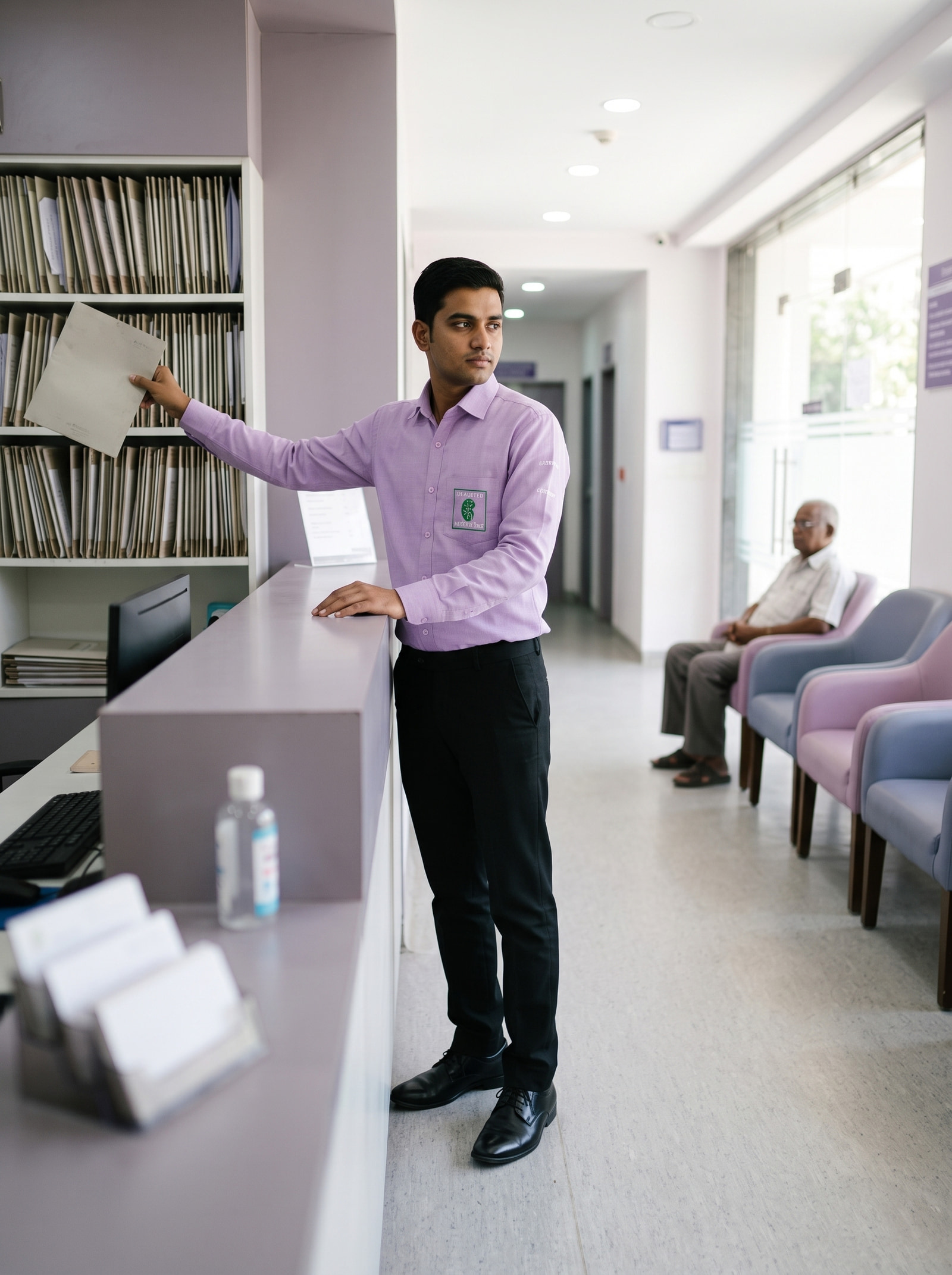 The same lilac shirting over black formal trousers, at the reception counter.