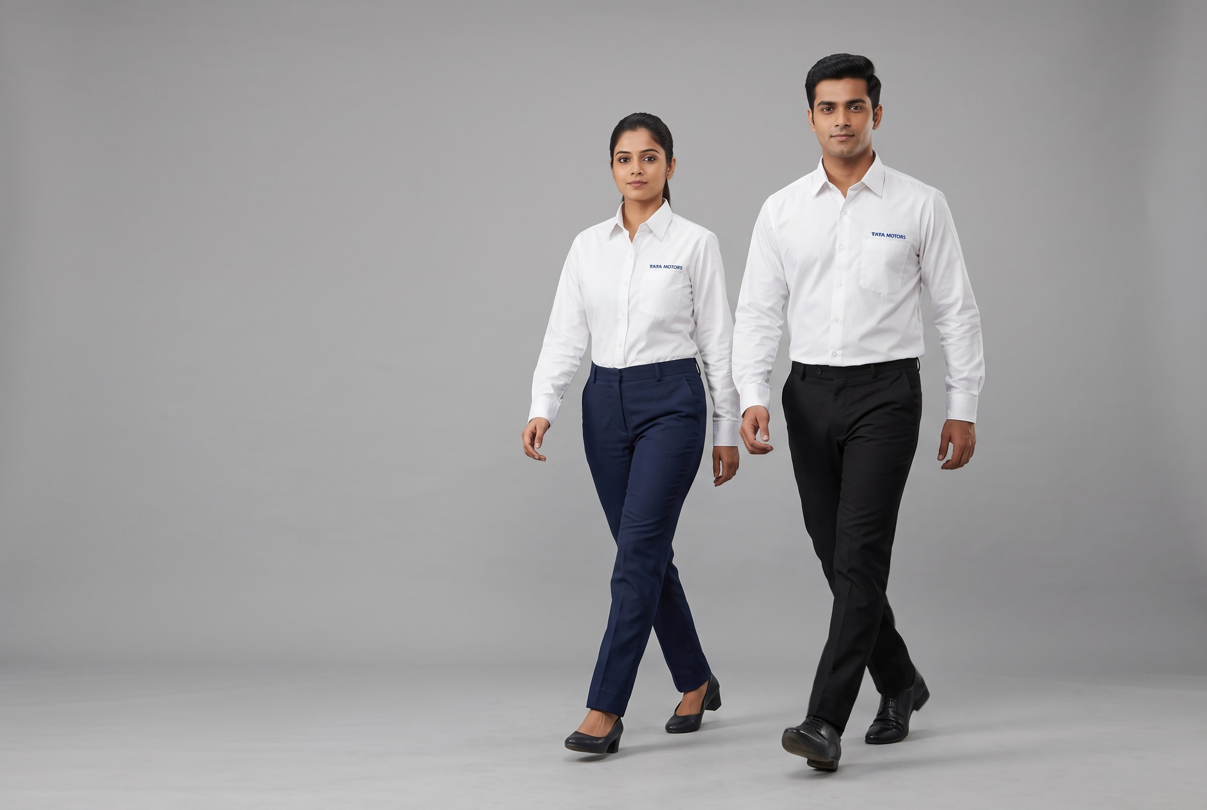 White shirting, pressed and holding its line through a full shift.