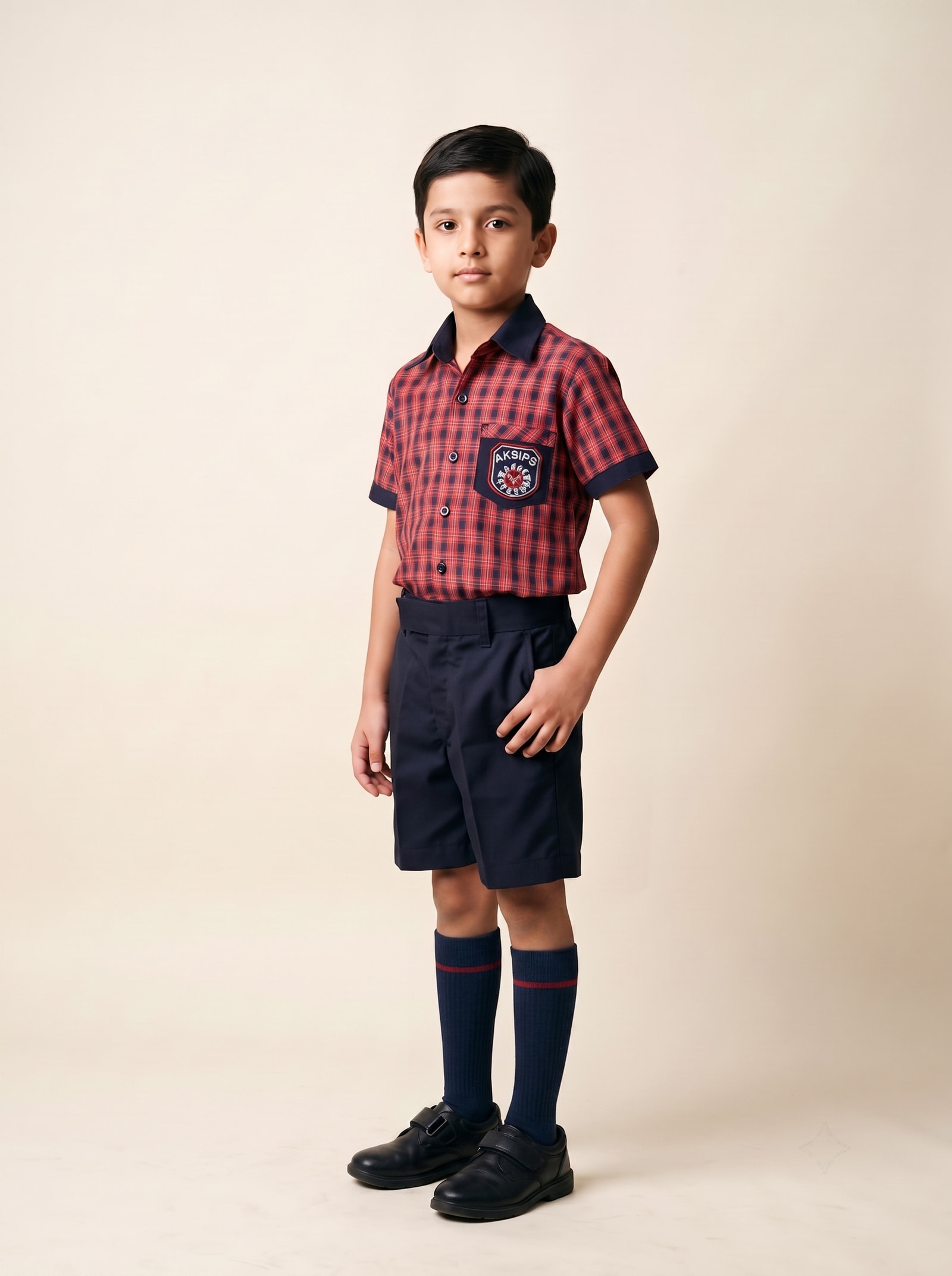 Red-and-navy check half-sleeve shirt in cotton-and-polyester shirting, navy shorts, contrast collar and cuff. Crest embroidered at the pocket.