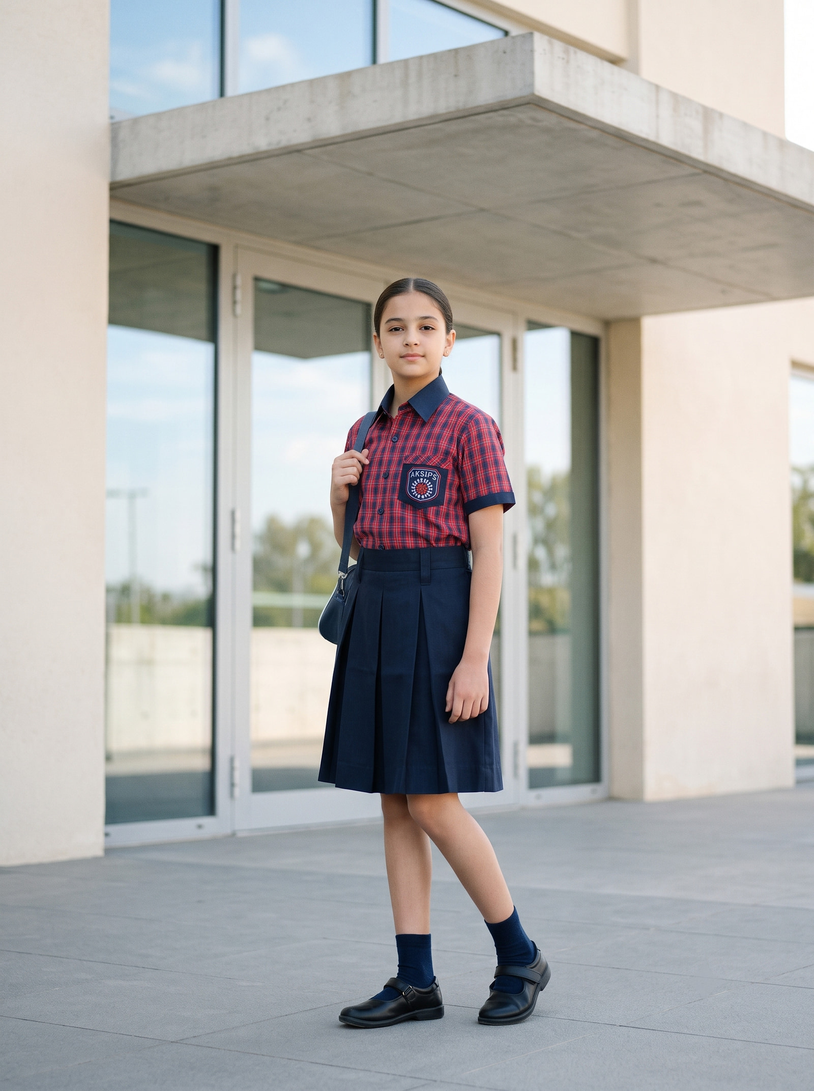 The senior set, photographed on campus: check shirt, knife-pleat skirt and the school satchel.