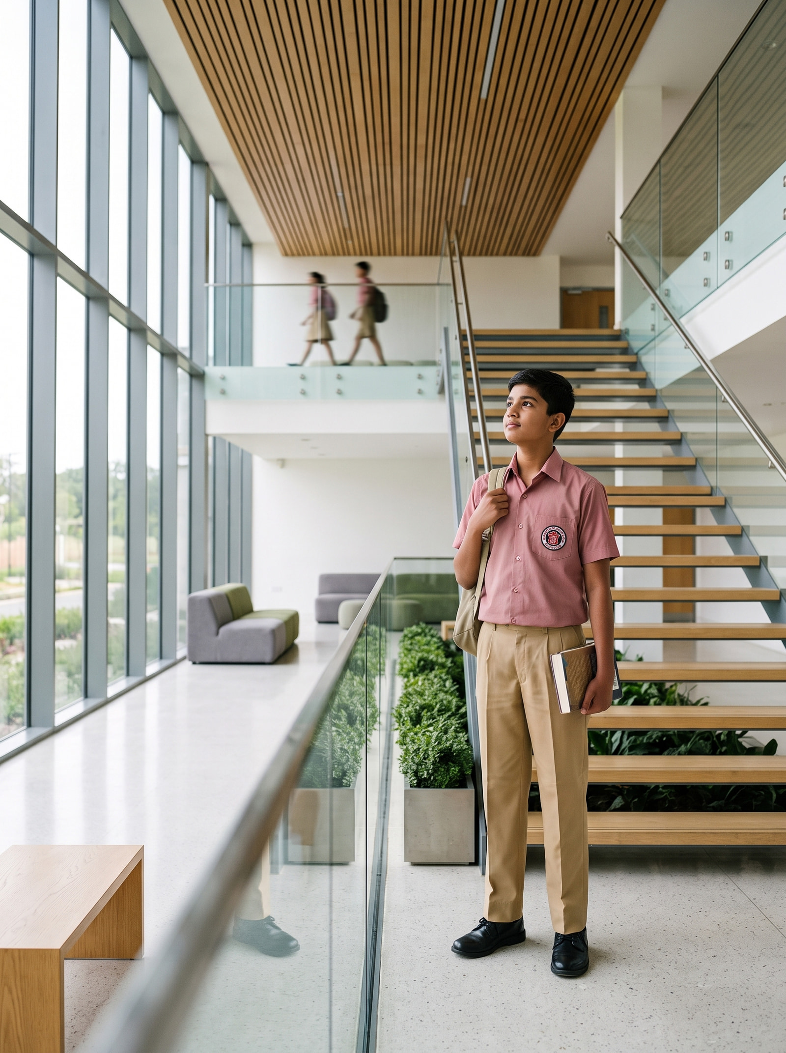 Rose cotton shirting over khaki trousers, on the atrium stair.