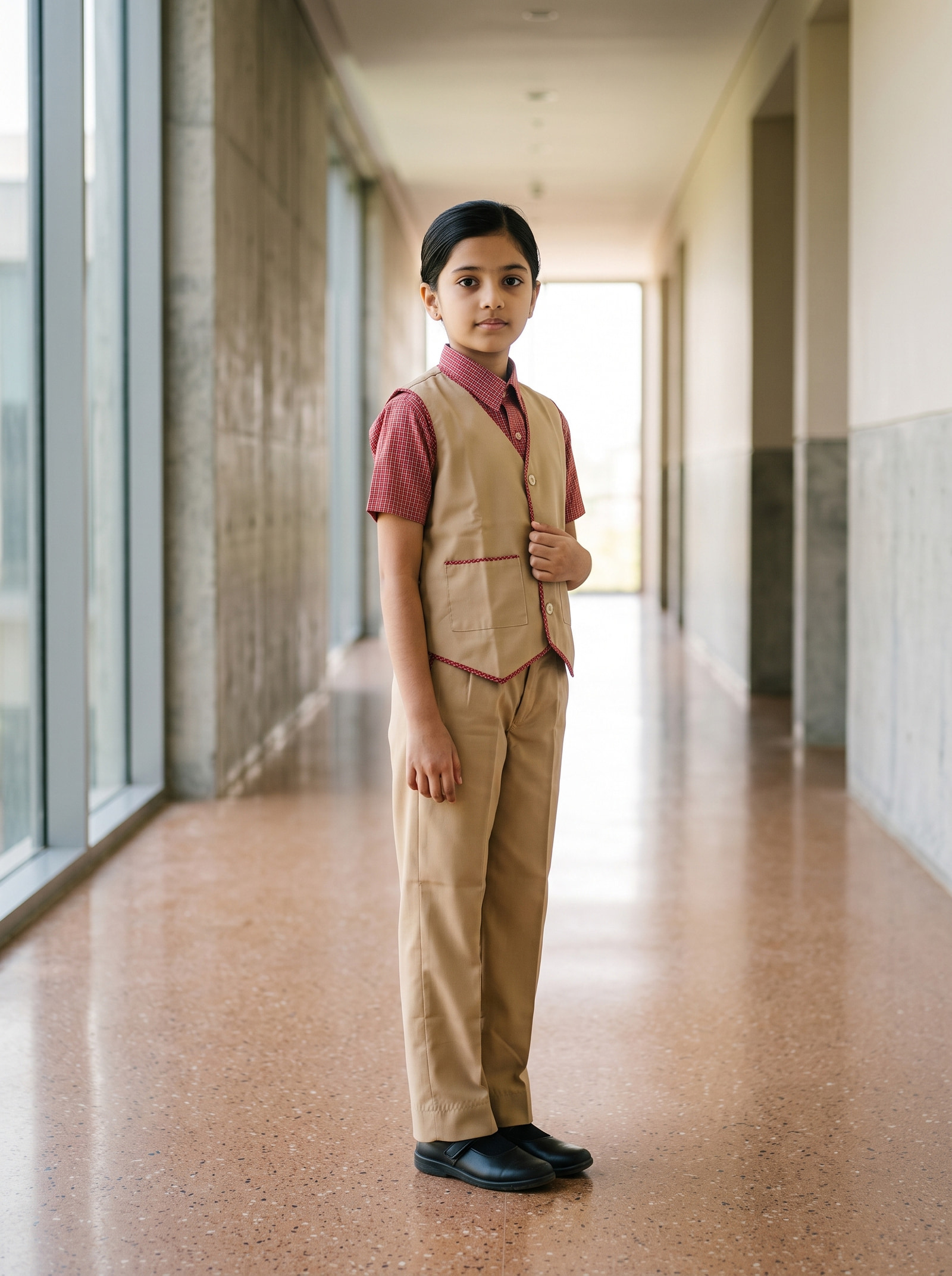 Khaki waistcoat over the rose shirt, with matching trousers — the senior girls' set.
