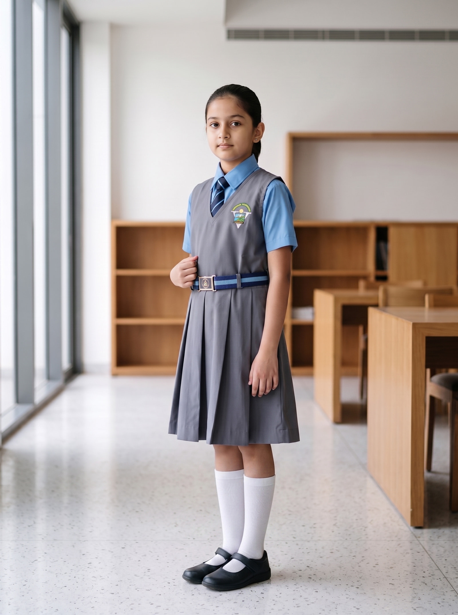Grey box-pleat pinafore over blue shirting. The pleats hold their line through a twice-weekly wash.