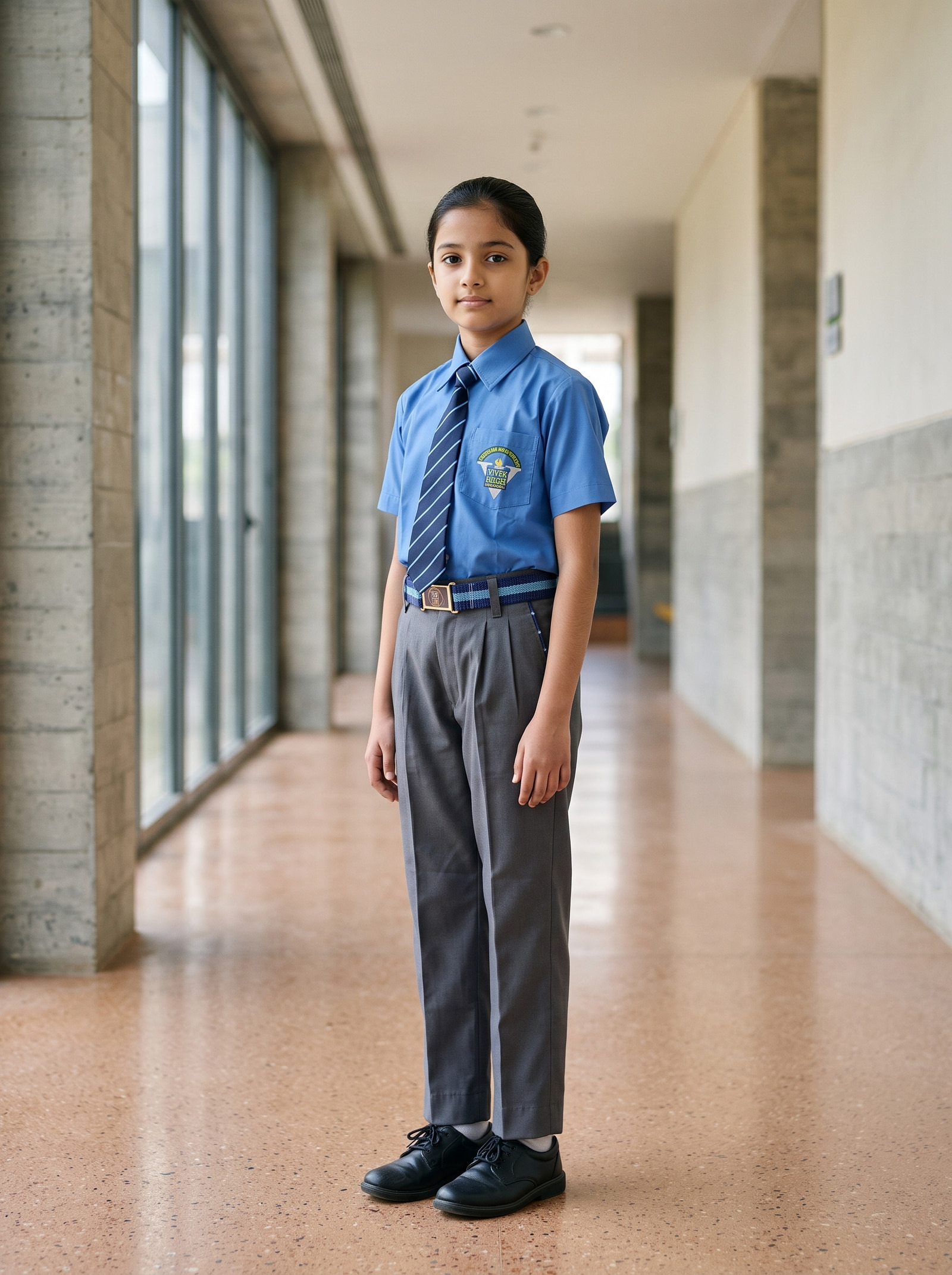 Blue shirt, house tie and grey trousers — the senior alternative to the pinafore, cut from the same cloth.