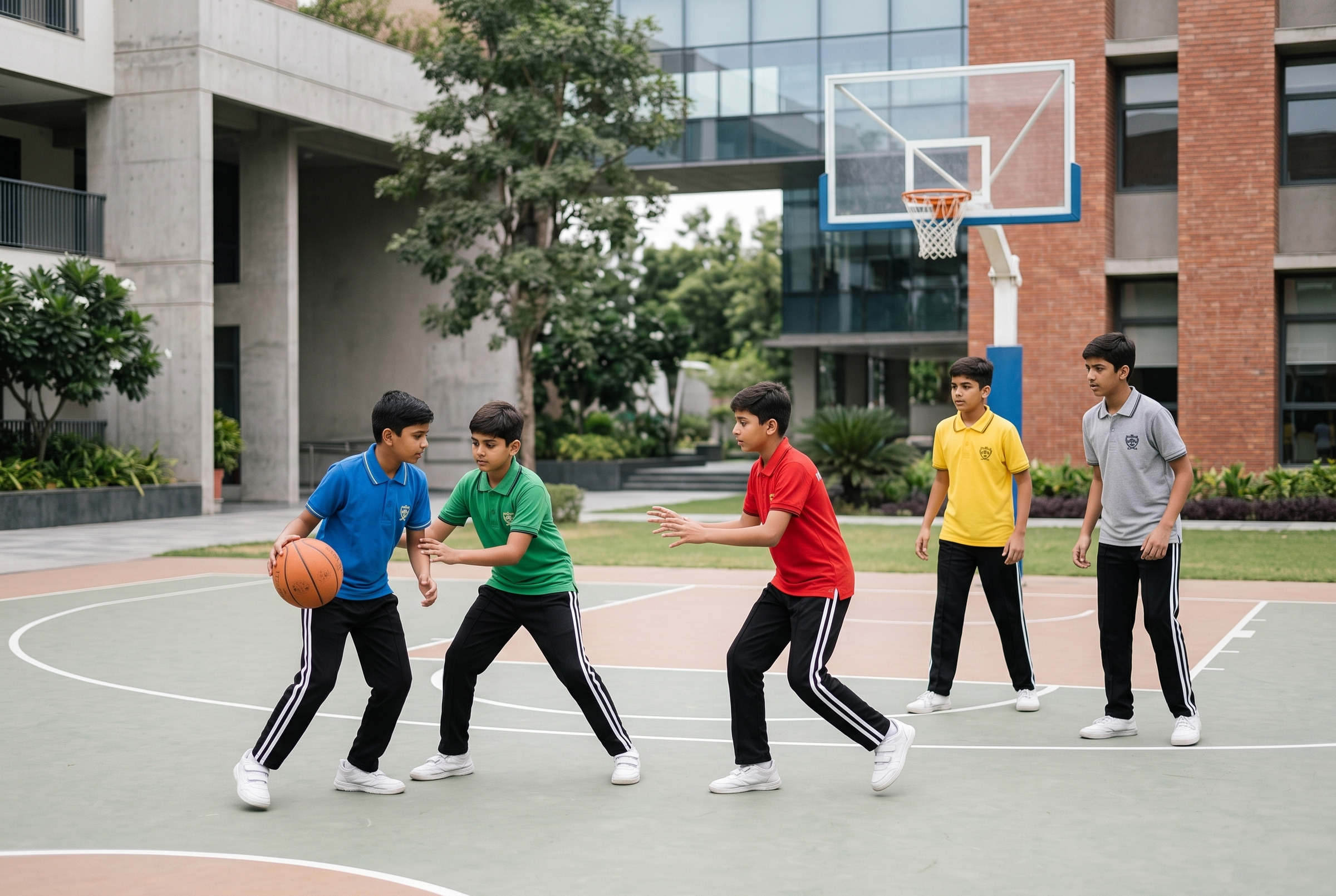 The house polos mid-game on the school court, over black track bottoms.